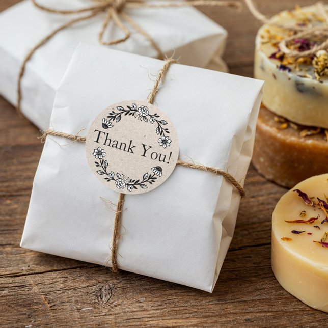 Pegatina Redonda Papel Floral Wreath Kraft (Business Thank You Floral Wreath Kraft Paper Classic Round Sticker)