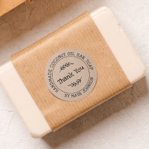 Pegatina Redonda Papel Kraft Rústico Hecho a Mano Gracias