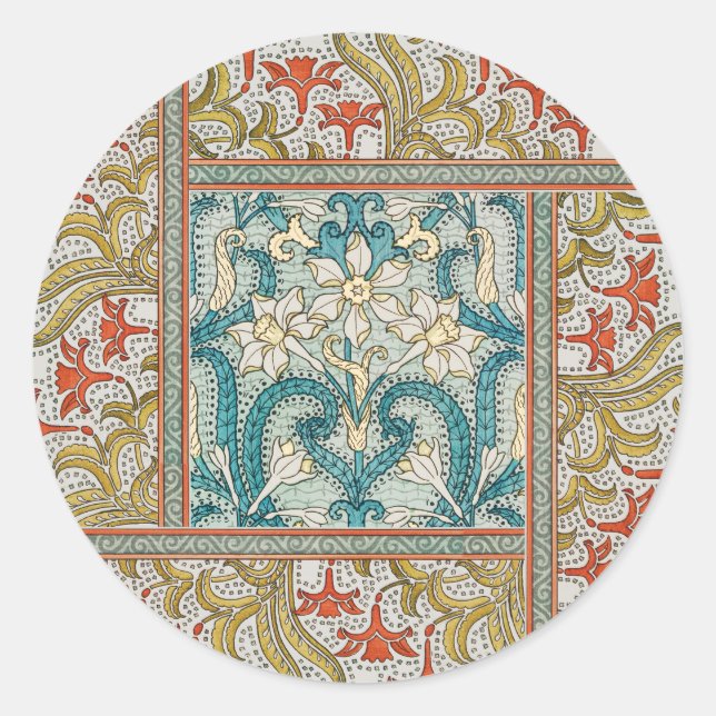 Pegatina Redonda Papel tapiz de flores de Daffodil chintz art nouve (Anverso)