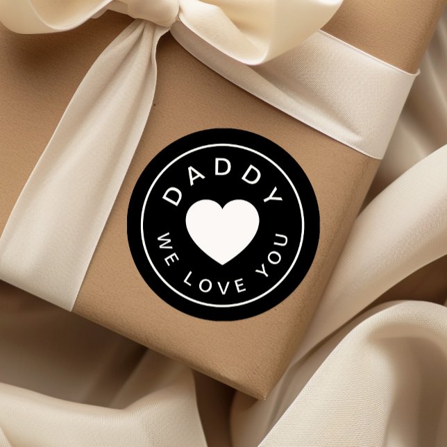 Pegatina Redonda Papi te queremos, corazón blanco negro (Daddy We Love You Heart Black White Classic Round Sticker)