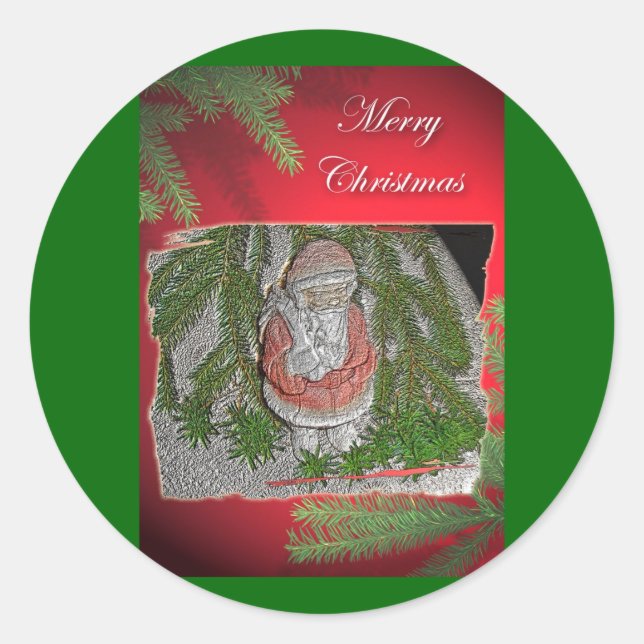Pegatina Redonda Papier Mache Red Coated Santa Christmas Stickers (Anverso)