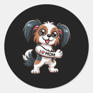 Pegatina Redonda Papillon I Love Mom Funny Dog Tattoo