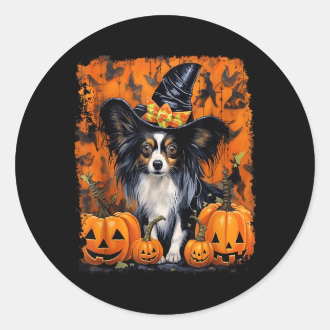 Pegatina Redonda Papillon perro Halloween (Anverso)