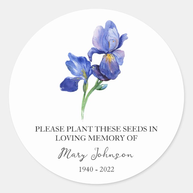 Pegatina Redonda Paquete De Semillas Para Funerales Iris Memorial (Anverso)
