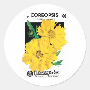Pegatina Redonda Paquetes de Semillas Vintage, Flores de Coreopsis