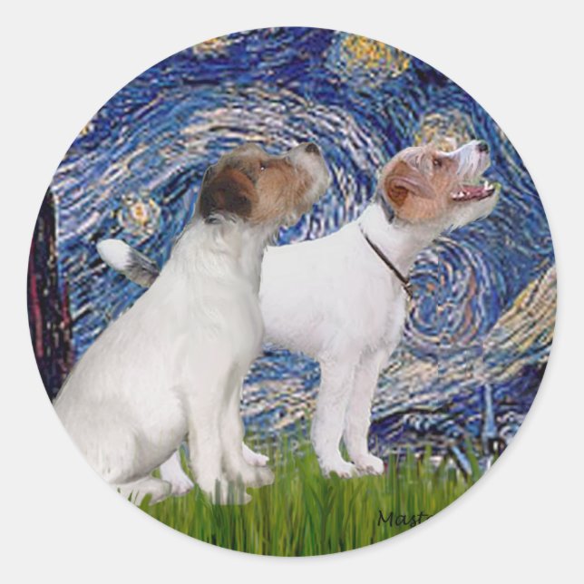Pegatina Redonda Par de Jack Russell 4 - Noche estrellada (Anverso)