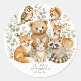 Pegatina redonda para baby shower de animales del