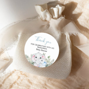 Pegatina redonda para baby shower de elefante azul