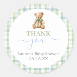 Pegatina redonda para baby shower de oso elegante