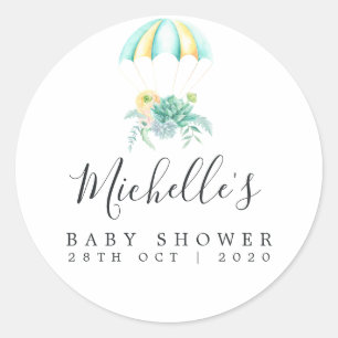 Pegatina Redonda Paracaídas de Ramillete Floral para Baby Shower