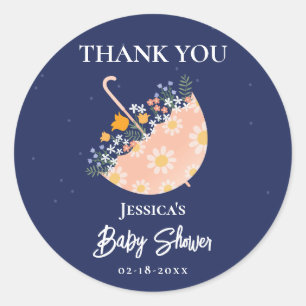 Pegatina Redonda Paraguas de flores caprichosas Baby Shower agradec
