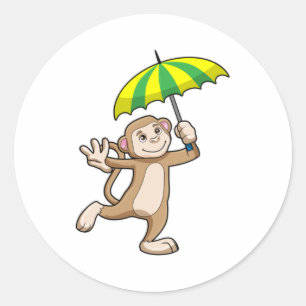 Pegatina Redonda Paraguas de Monkey Rain