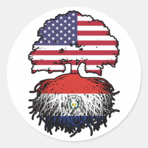 Pegatina Redonda Paraguay: Árbol paraguayo estadounidense con bande