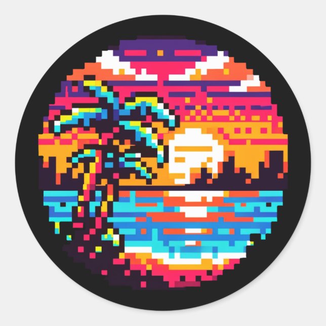 Pegatina Redonda Paraíso Pixel: naturaleza retro tropical de 8 bits (Anverso)
