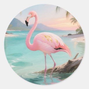 Pegatina Redonda Paraíso Tropical del Flamenco Rosa