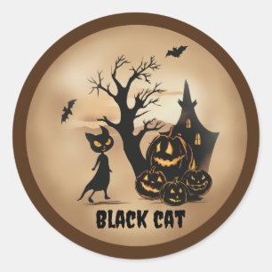 Pegatina Redonda "Parche de calabaza con gato negro"