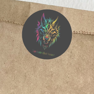 Pegatina Redonda Parche de lobo tribal - "Enfermedad que bestia"