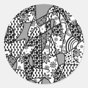 Pegatina Redonda Parche de patchwork de patrón blanco y negro 03