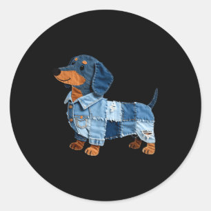 Pegatina Redonda Parche de perro salchicha de mezclilla arte vintag
