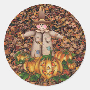 PEGATINA REDONDA PARCHE DE SCARECROS Y PUMPKIN DE SHARON SHARPE