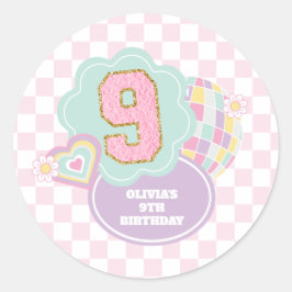 Pegatina Redonda Parche verde pastel de Varsity 9 cumpleaños