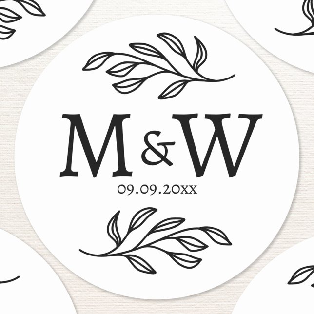 Pegatina Redonda Pareja boda Monograma Fecha Elegante Botánico (Wedding couple monogram initials and date personalized botanical sticker)