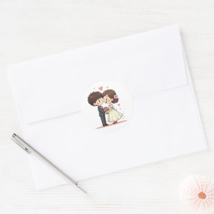 Pegatina Redonda Pareja Chibi Adorable - Escena de Boda Vintage