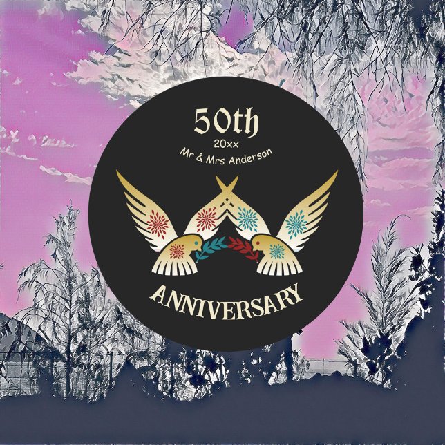 Pegatina Redonda Pareja de aniversario número 50 Arte decorativo Pá (50th Anniversary Couple Decorative Art Love Birds Classic Round Sticker)