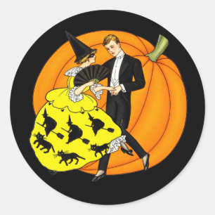 Pegatina Redonda Pareja de baile de Halloween con calabaza vintage