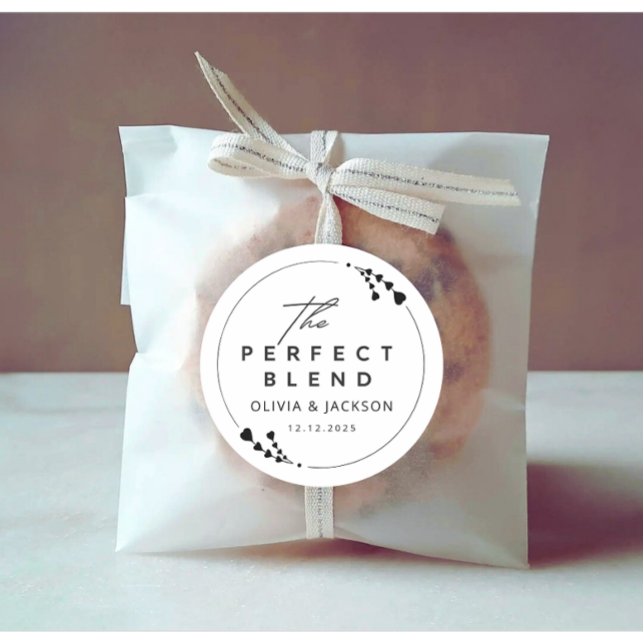 Pegatina Redonda Pareja de Boda Elegante Moderna Texto Negro (Modern custom wedding couple name the perfect blend sticker)