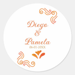 Pegatina Redonda pareja de boda española rústica amarilla naranja n