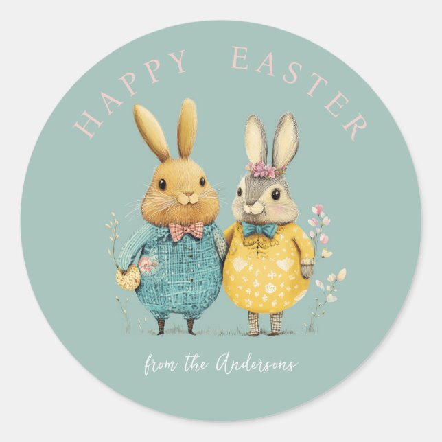 Pegatina Redonda Pareja de conejito de Pascua (Anverso)