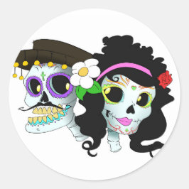 Pegatina Redonda Pareja de cráneo festivo mexicana