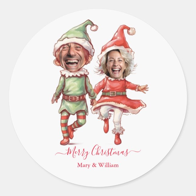 Pegatina Redonda Pareja de elfos de Navidad (Anverso)