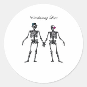 Pegatina Redonda Pareja de esqueletos góticos (rosa antiguo) clásic