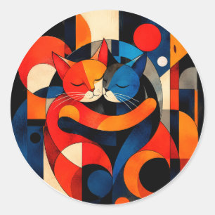 Pegatina Redonda Pareja de gatos geométricos coloridos abrazándose