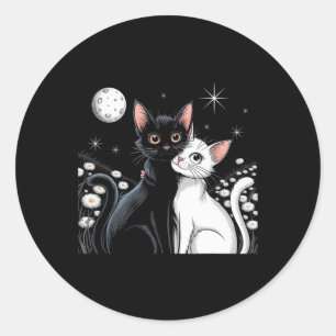 Pegatina Redonda Pareja de gatos luna amor abrazando gatito de San 