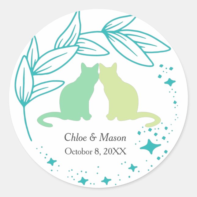 Pegatina Redonda Pareja de gatos y vegetación única (Anverso)