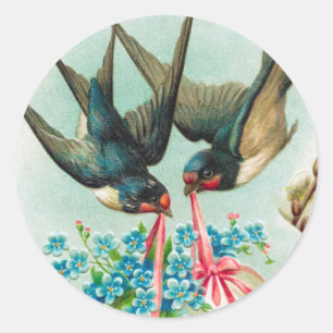 Pegatina Redonda Pareja de golondrinas y huevos de Pascua Floral
