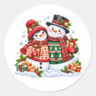 Pegatina Redonda Pareja de muñecos de nieve de Navidad adorables co