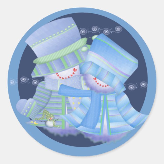 Pegatina Redonda Pareja de nieve navideña Feliz (Anverso)