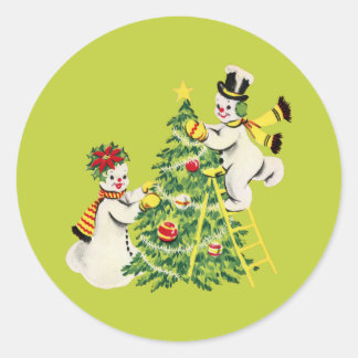 Pegatina Redonda Pareja de nieve retro decora árbol de Navidad