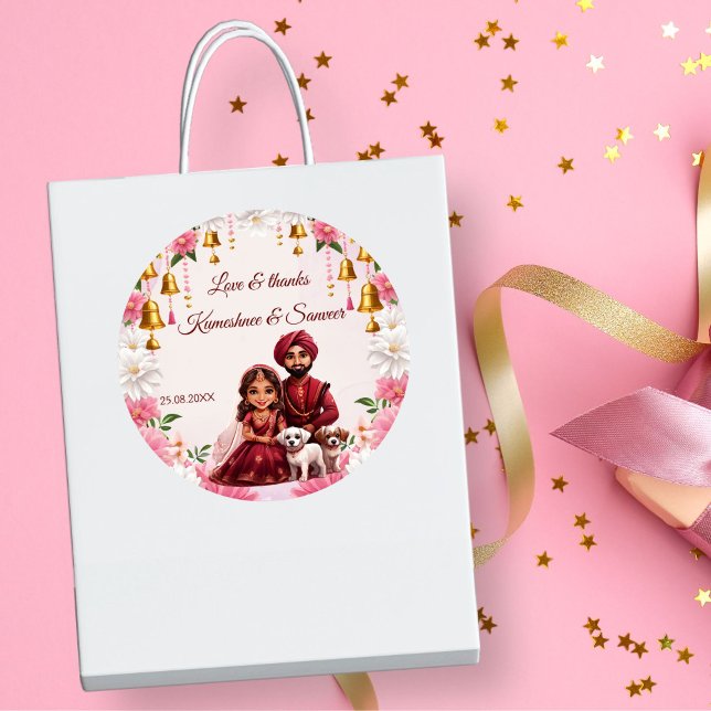 Pegatina Redonda Pareja de novias india con favor de caricatura de  (Indian bridal couple with dogs caricature Indian wedding favors personalized favor sticker template)