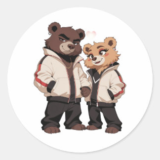 Pegatina Redonda Pareja de Osos Geniales Ropa Urbana Arte de Dibujo