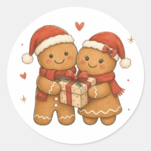 Pegatina Redonda Pareja de pan de jengibre con regalo y sombreros d