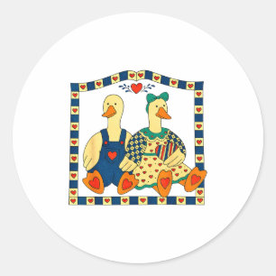 Pegatina Redonda Pareja de patos de arte popular con corazones gran