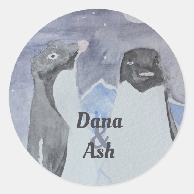 Pegatina Redonda Pareja de pingüino de corte artístico (Anverso)