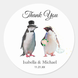 Pegatina Redonda Pareja de Pingüinos Elegantes Gracias Boda 