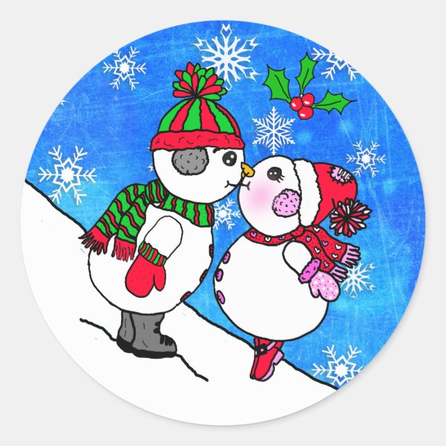 Pegatina Redonda Pareja de Snowman besándose bajo Navidades Mistlet (Anverso)