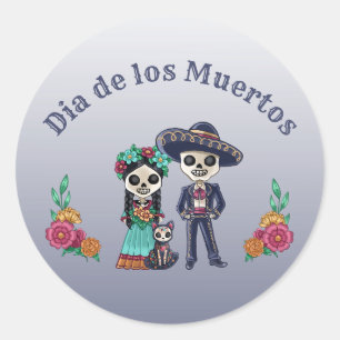 Pegatina Redonda Pareja del Día de Muertos y Gato
